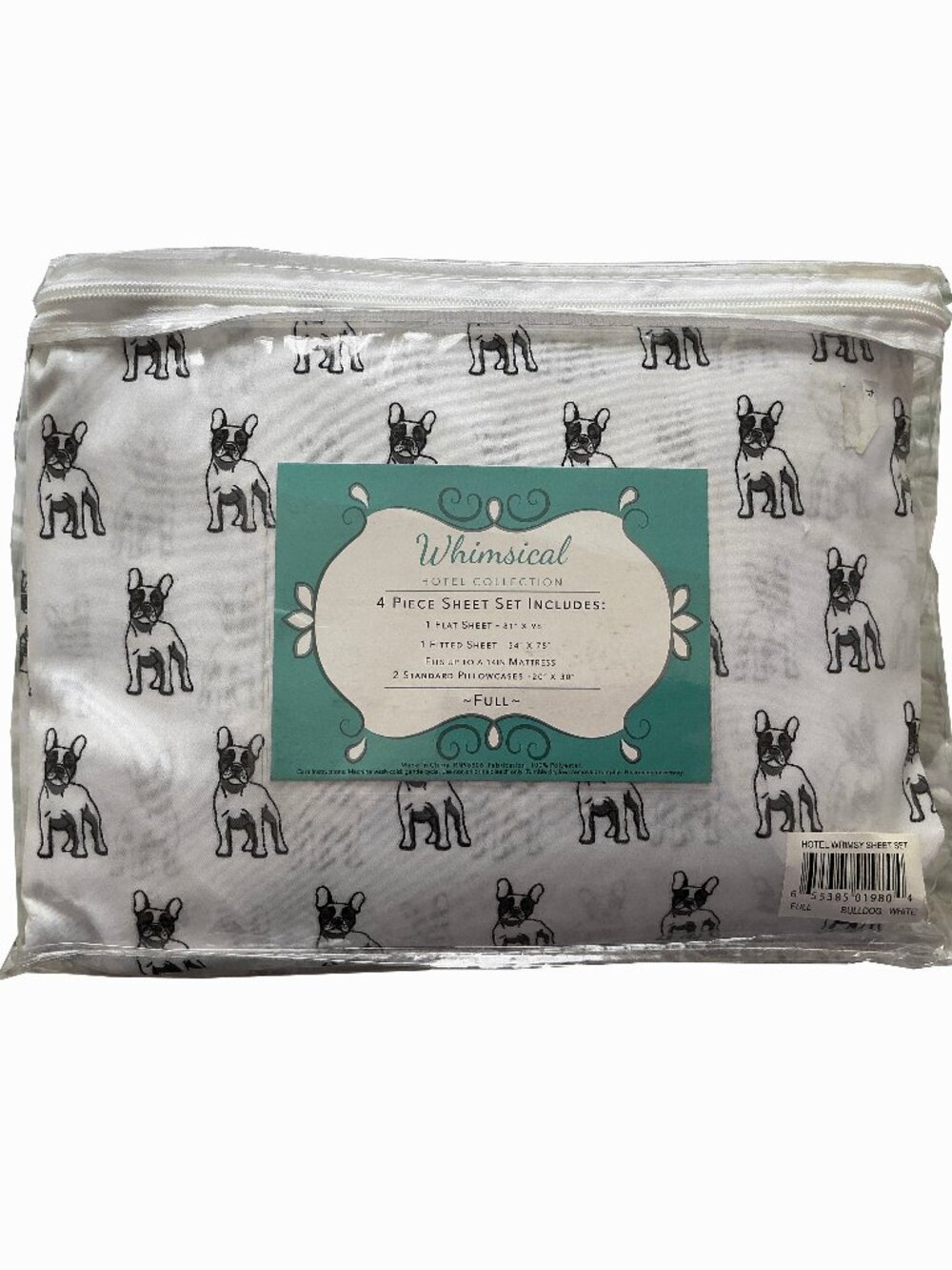 NEW Hotel Whimsey Full Size 4-pc  Sheet Set - Frenchie/Boston Terrier Print